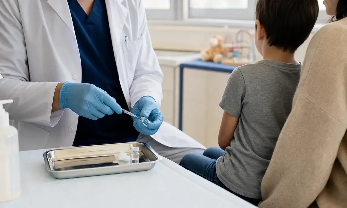 Pediatra con guanti prepara una siringa per vaccino davanti a un bambino seduto con un genitore in ambulatorio