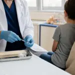 Pediatra con guanti prepara una siringa per vaccino davanti a un bambino seduto con un genitore in ambulatorio