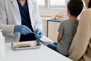 Pediatra con guanti prepara una siringa per vaccino davanti a un bambino seduto con un genitore in ambulatorio