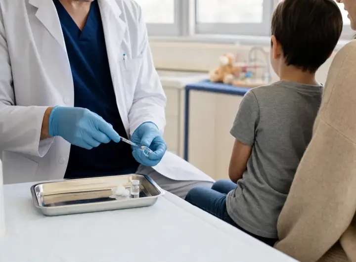 Pediatra con guanti prepara una siringa per vaccino davanti a un bambino seduto con un genitore in ambulatorio