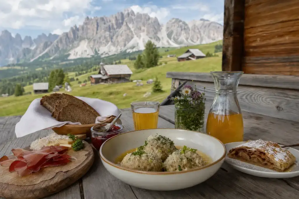 Pranzo tipico in baita con canederli, speck, pane di segale, formaggio e succo di mela con le Dolomiti sullo sfondo