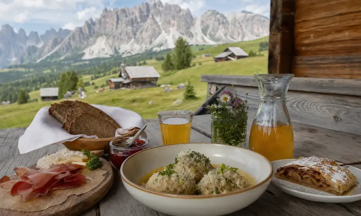 Pranzo tipico in baita con canederli, speck, pane di segale, formaggio e succo di mela con le Dolomiti sullo sfondo