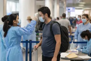Operatrice sanitaria misura la temperatura a un viaggiatore con termometro a infrarossi in aeroporto