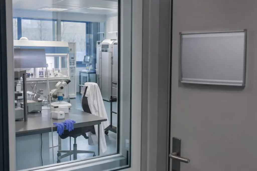 Laboratorio di embriologia visto attraverso una porta a vetri, con microscopio, banchi sterili e guanti blu sul tavolo
