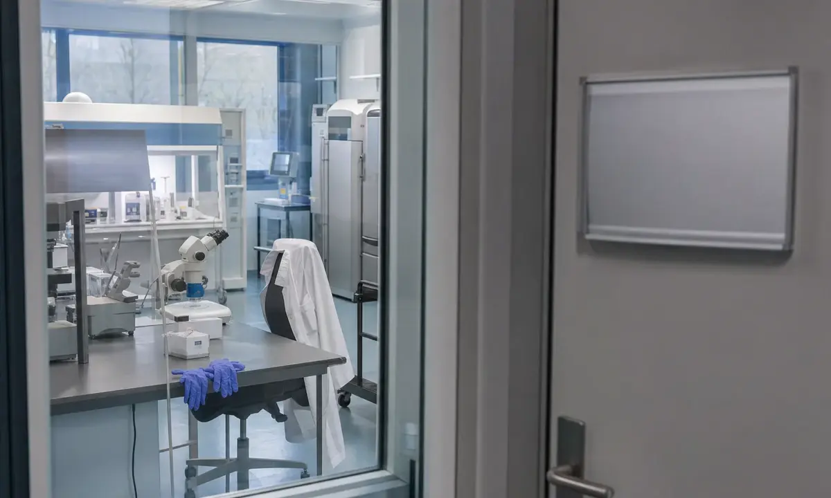 Laboratorio di embriologia visto attraverso una porta a vetri, con microscopio, banchi sterili e guanti blu sul tavolo