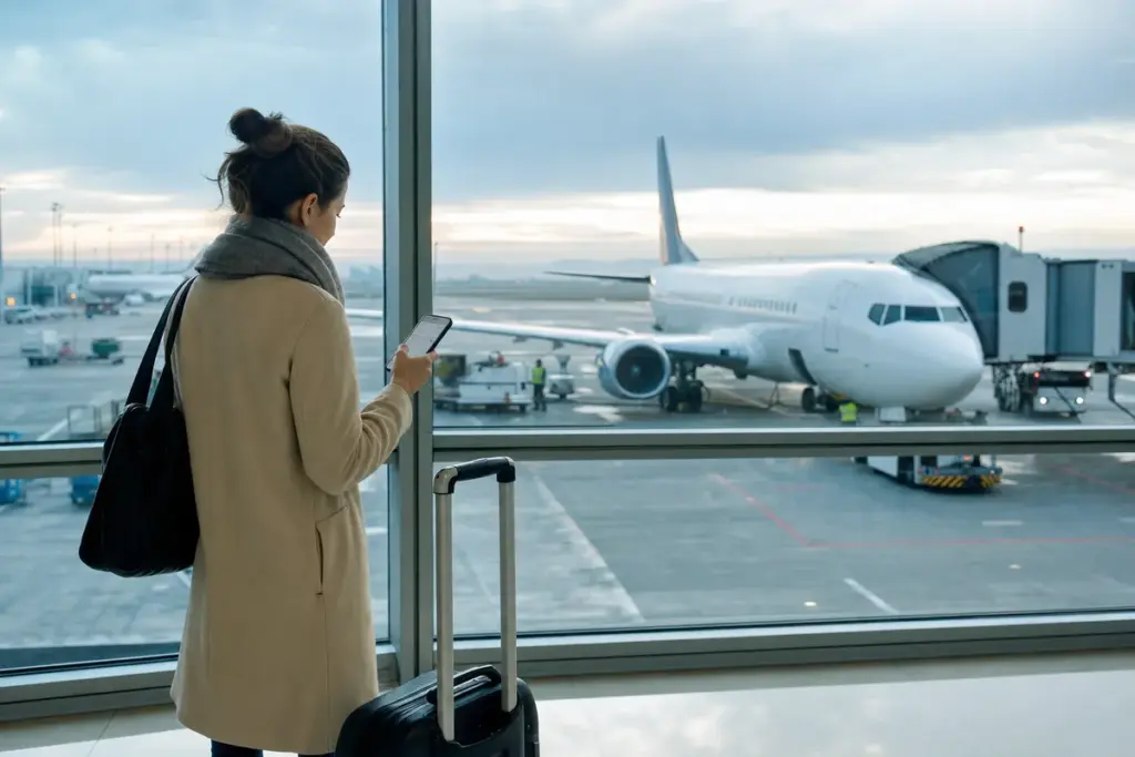 Viaggiatrice in aeroporto con trolley e smartphone davanti alle vetrate, con un aereo parcheggiato al gate
