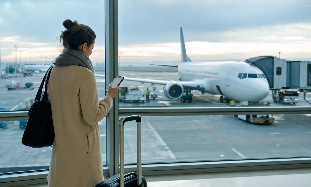 Viaggiatrice in aeroporto con trolley e smartphone davanti alle vetrate, con un aereo parcheggiato al gate