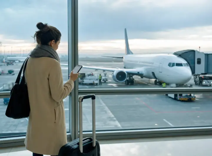 Viaggiatrice in aeroporto con trolley e smartphone davanti alle vetrate, con un aereo parcheggiato al gate