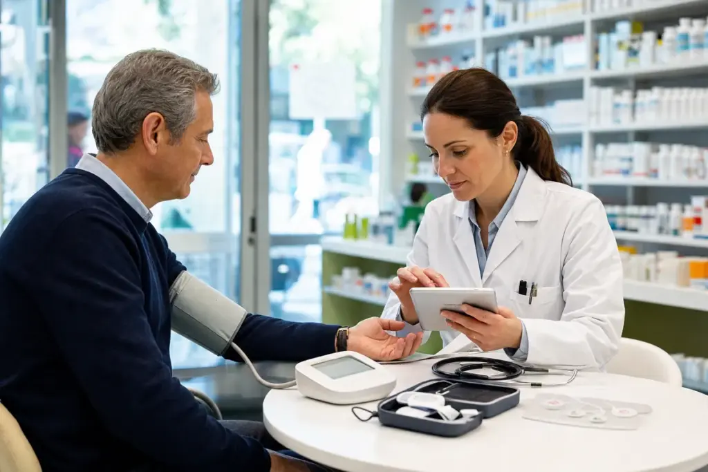 Farmacista misura la pressione a un uomo seduto al tavolo di consulenza in una farmacia luminosa