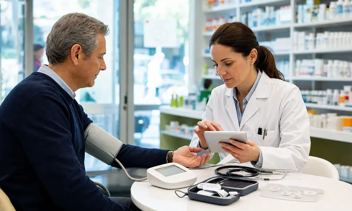 Farmacista misura la pressione a un uomo seduto al tavolo di consulenza in una farmacia luminosa