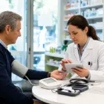 Farmacista misura la pressione a un uomo seduto al tavolo di consulenza in una farmacia luminosa
