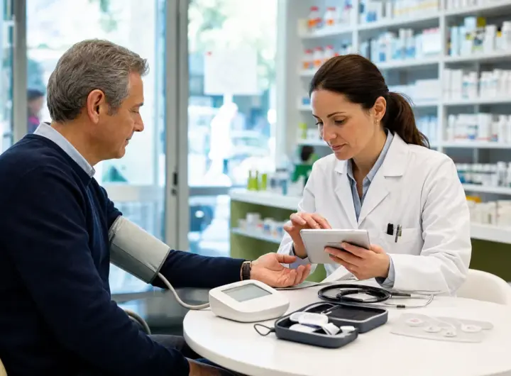 Farmacista misura la pressione a un uomo seduto al tavolo di consulenza in una farmacia luminosa
