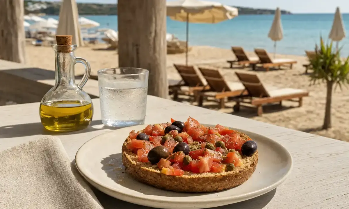 Frisella con pomodori, olive e capperi su tavolo vista spiaggia, con bottiglia d’olio e bicchiere d’acqua