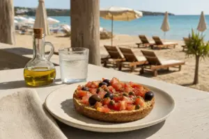 Frisella con pomodori, olive e capperi su tavolo vista spiaggia, con bottiglia d’olio e bicchiere d’acqua