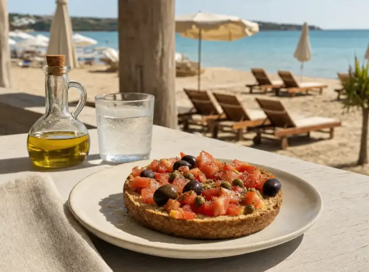 Frisella con pomodori, olive e capperi su tavolo vista spiaggia, con bottiglia d’olio e bicchiere d’acqua