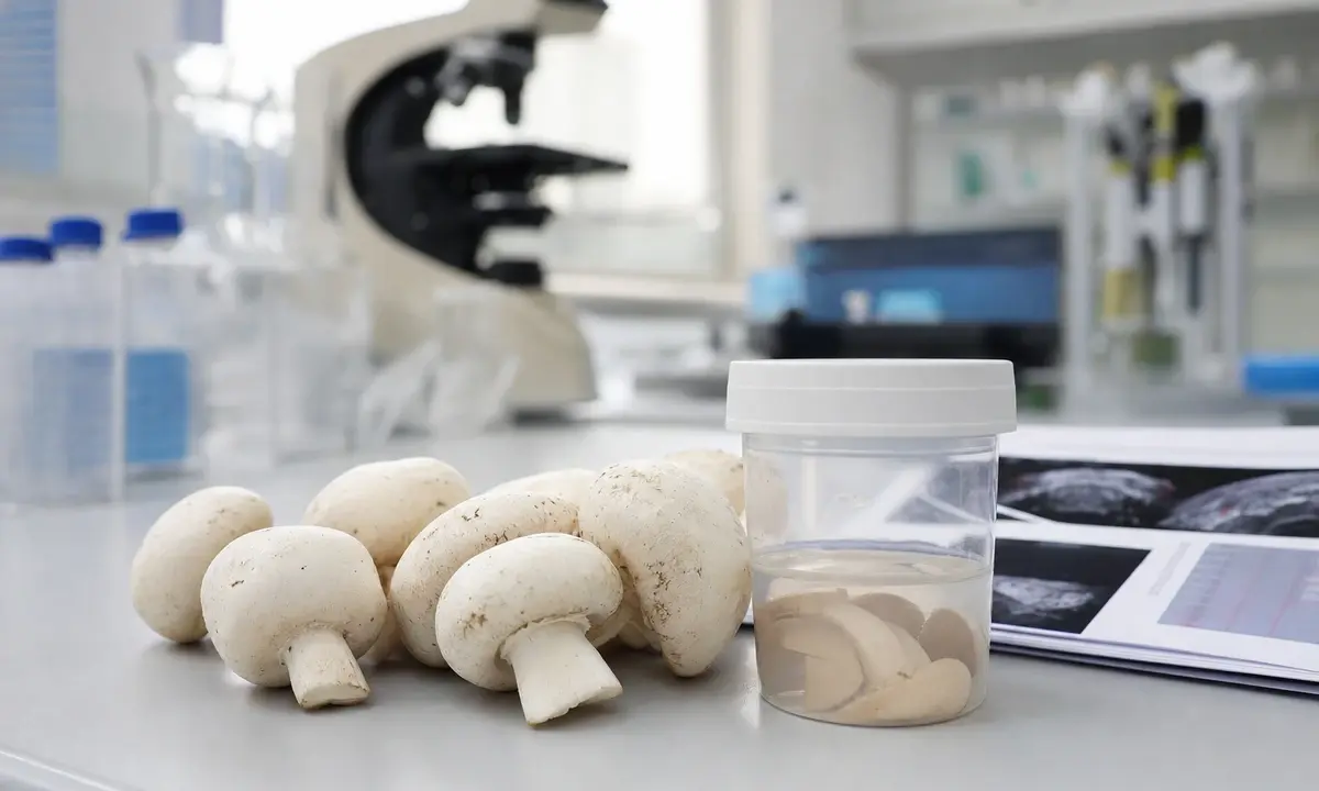 Champignon bianchi su un banco di laboratorio accanto a un contenitore campione e documenti di ricerca