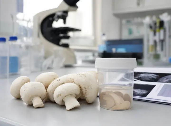 Champignon bianchi su un banco di laboratorio accanto a un contenitore campione e documenti di ricerca
