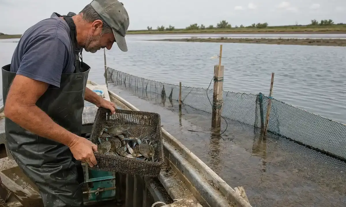Pescatore in waders controlla una cassetta con granchi blu su una barca in laguna, vicino a reti di allevamento