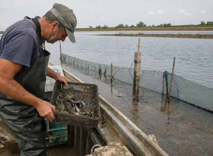 Pescatore in waders controlla una cassetta con granchi blu su una barca in laguna, vicino a reti di allevamento