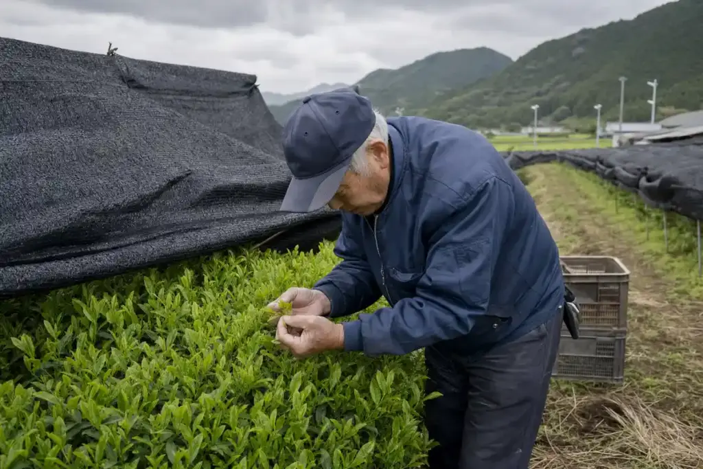 Agricoltore in una piantagione di tè ispeziona foglie verdi sotto reti ombreggianti, con cassette sullo sfondo