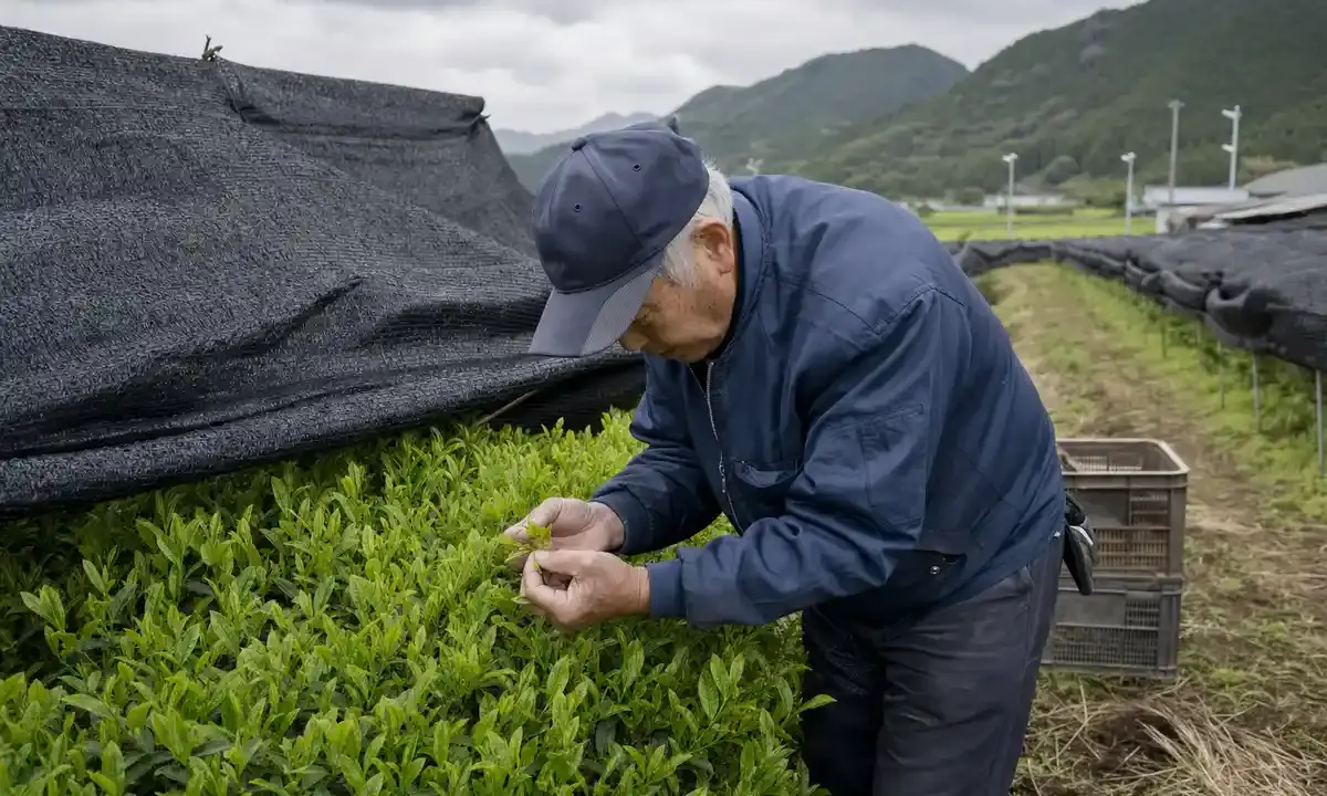 Agricoltore in una piantagione di tè ispeziona foglie verdi sotto reti ombreggianti, con cassette sullo sfondo