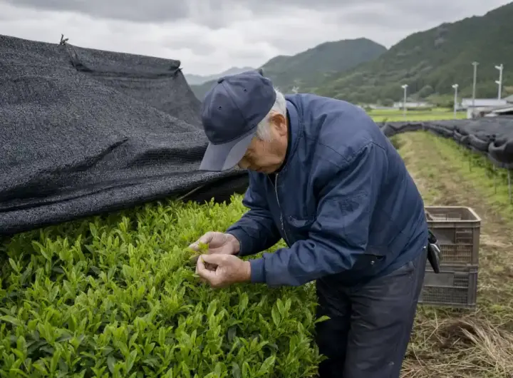 Agricoltore in una piantagione di tè ispeziona foglie verdi sotto reti ombreggianti, con cassette sullo sfondo