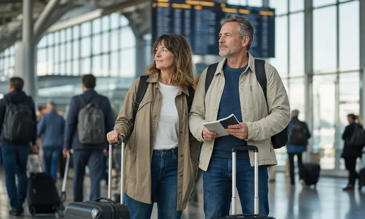 Coppia di mezza età in aeroporto con trolley e zaini, davanti a grandi vetrate e tabellone partenze sfocato