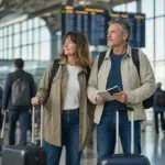 Coppia di mezza età in aeroporto con trolley e zaini, davanti a grandi vetrate e tabellone partenze sfocato