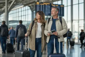 Coppia di mezza età in aeroporto con trolley e zaini, davanti a grandi vetrate e tabellone partenze sfocato