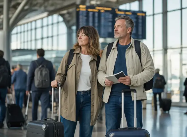 Coppia di mezza età in aeroporto con trolley e zaini, davanti a grandi vetrate e tabellone partenze sfocato
