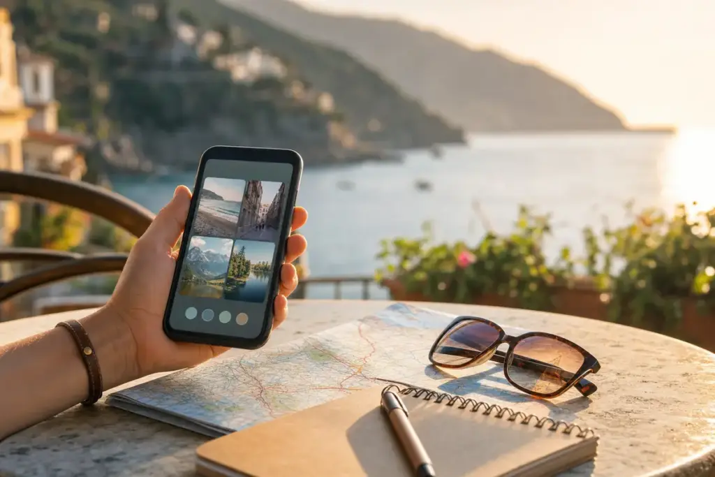 Mano con smartphone e immagini di mete, accanto a mappa, occhiali e taccuino su tavolino vista mare al tramonto