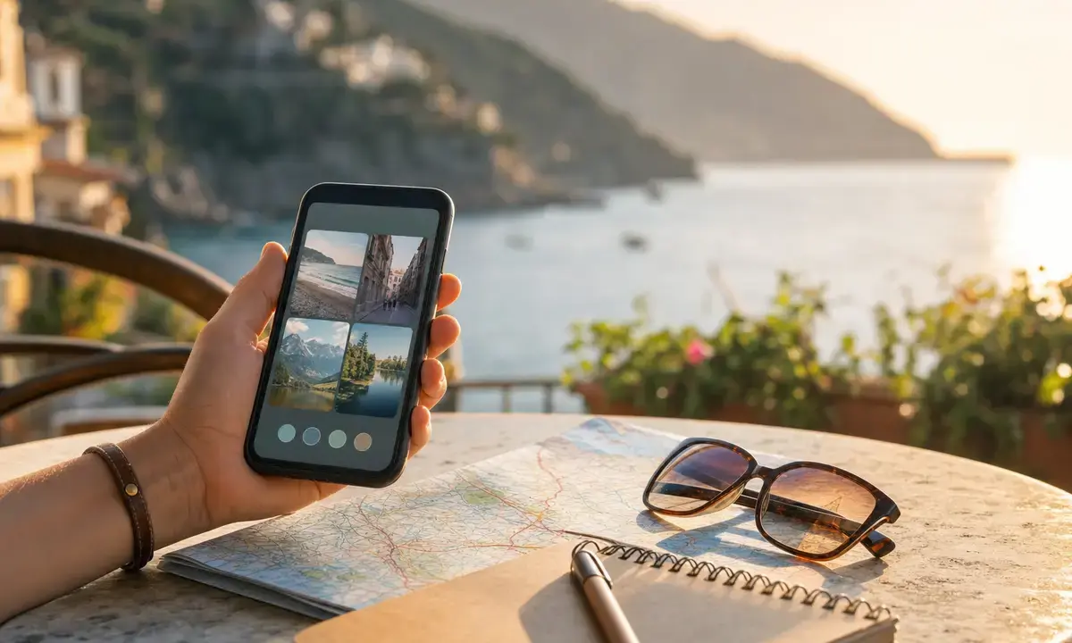 Mano con smartphone e immagini di mete, accanto a mappa, occhiali e taccuino su tavolino vista mare al tramonto