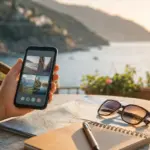 Mano con smartphone e immagini di mete, accanto a mappa, occhiali e taccuino su tavolino vista mare al tramonto