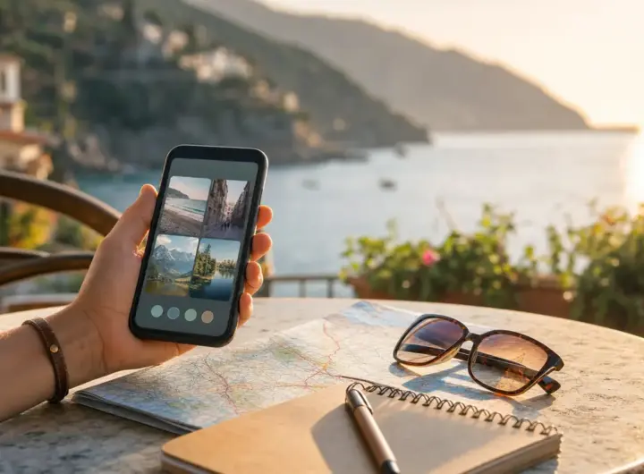 Mano con smartphone e immagini di mete, accanto a mappa, occhiali e taccuino su tavolino vista mare al tramonto