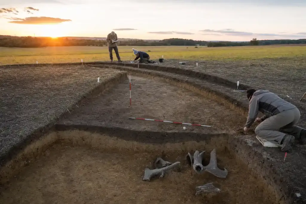 Scavo archeologico in un campo al tramonto con fossato curvo, paline di misura e ricercatori al lavoro