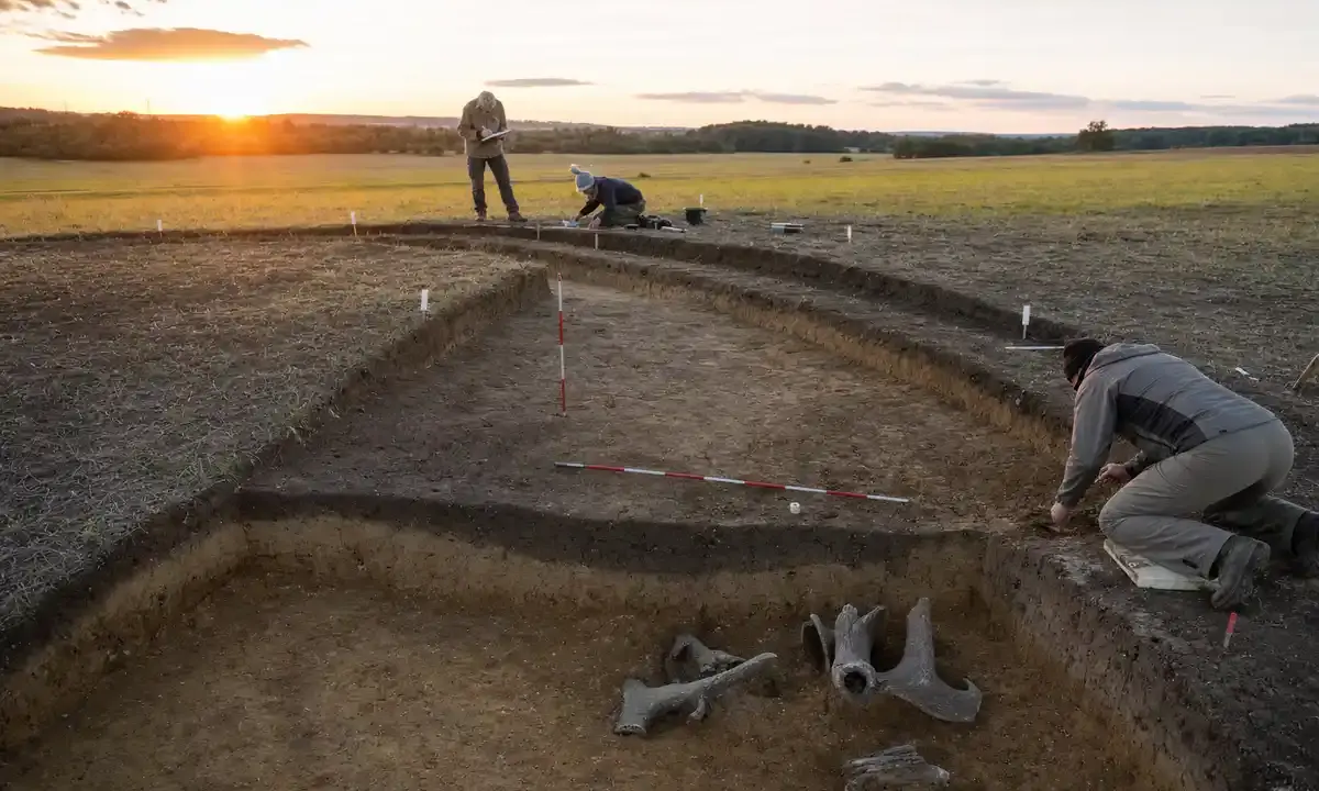 Scavo archeologico in un campo al tramonto con fossato curvo, paline di misura e ricercatori al lavoro