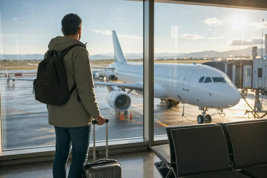 Viaggiatore con zaino e trolley guarda un aereo fermo al gate attraverso le vetrate dell’aeroporto