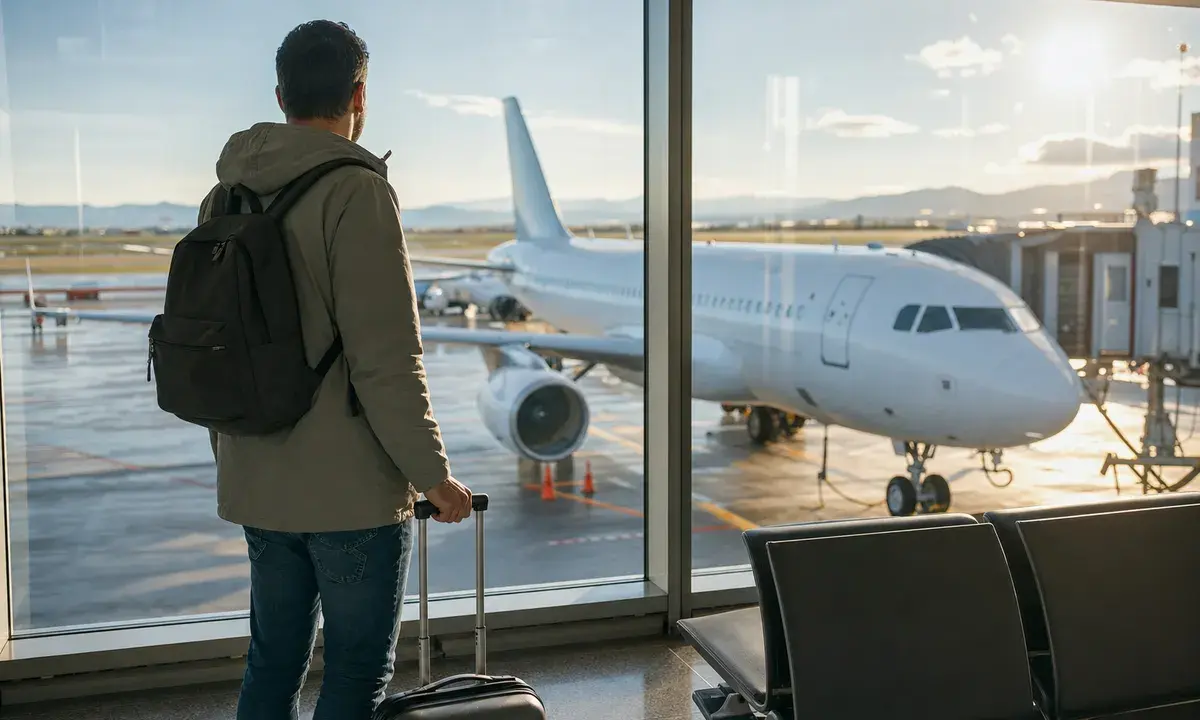 Viaggiatore con zaino e trolley guarda un aereo fermo al gate attraverso le vetrate dell’aeroporto