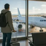 Viaggiatore con zaino e trolley guarda un aereo fermo al gate attraverso le vetrate dell’aeroporto