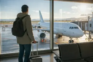 Viaggiatore con zaino e trolley guarda un aereo fermo al gate attraverso le vetrate dell’aeroporto