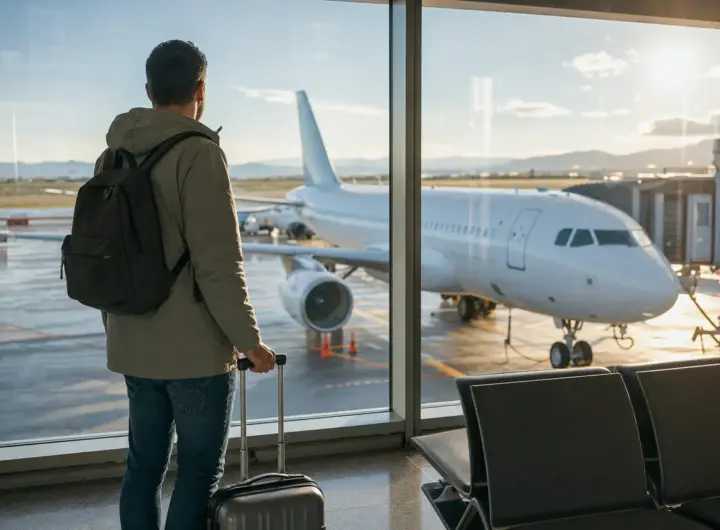 Viaggiatore con zaino e trolley guarda un aereo fermo al gate attraverso le vetrate dell’aeroporto