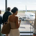 Viaggiatori con bagagli guardano un aereo in pista dal terminal, una donna controlla lo smartphone vicino alla vetrata