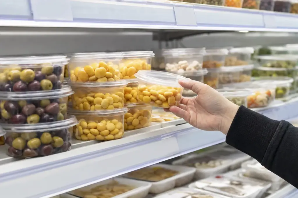Mano di un cliente che prende una vaschetta di lupini gialli da uno scaffale refrigerato del supermercato