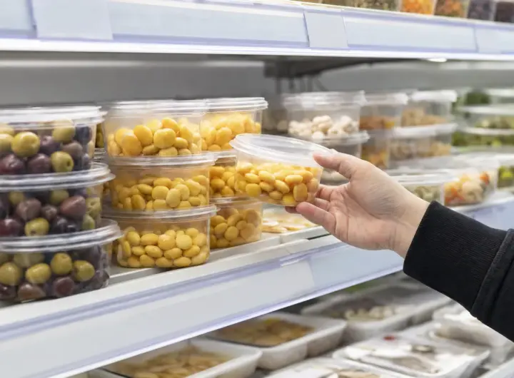 Mano di un cliente che prende una vaschetta di lupini gialli da uno scaffale refrigerato del supermercato