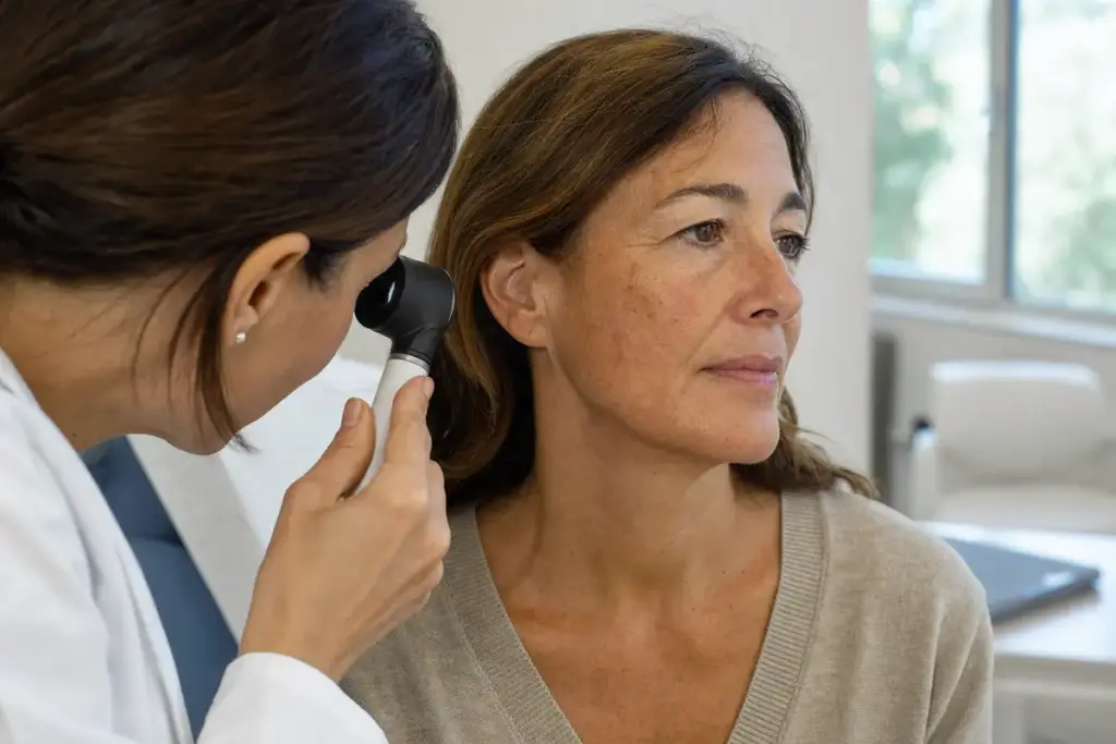 Dermatologa esamina con dermatoscopio il viso di una donna in ambulatorio