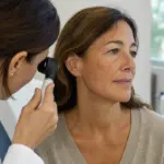 Dermatologa esamina con dermatoscopio il viso di una donna in ambulatorio
