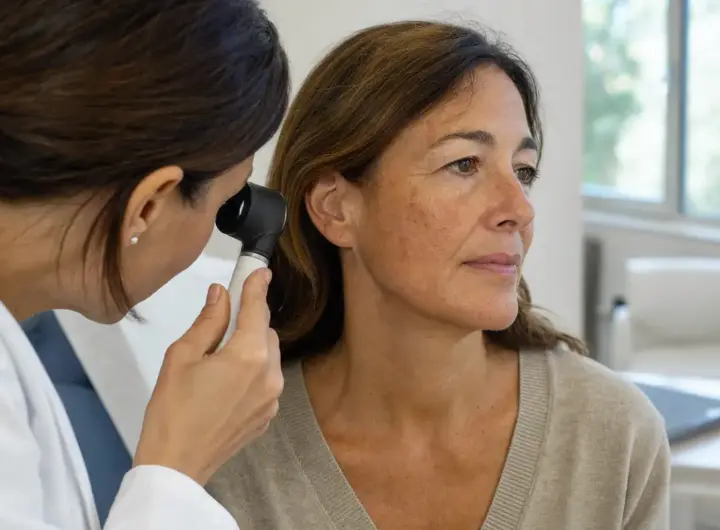 Dermatologa esamina con dermatoscopio il viso di una donna in ambulatorio