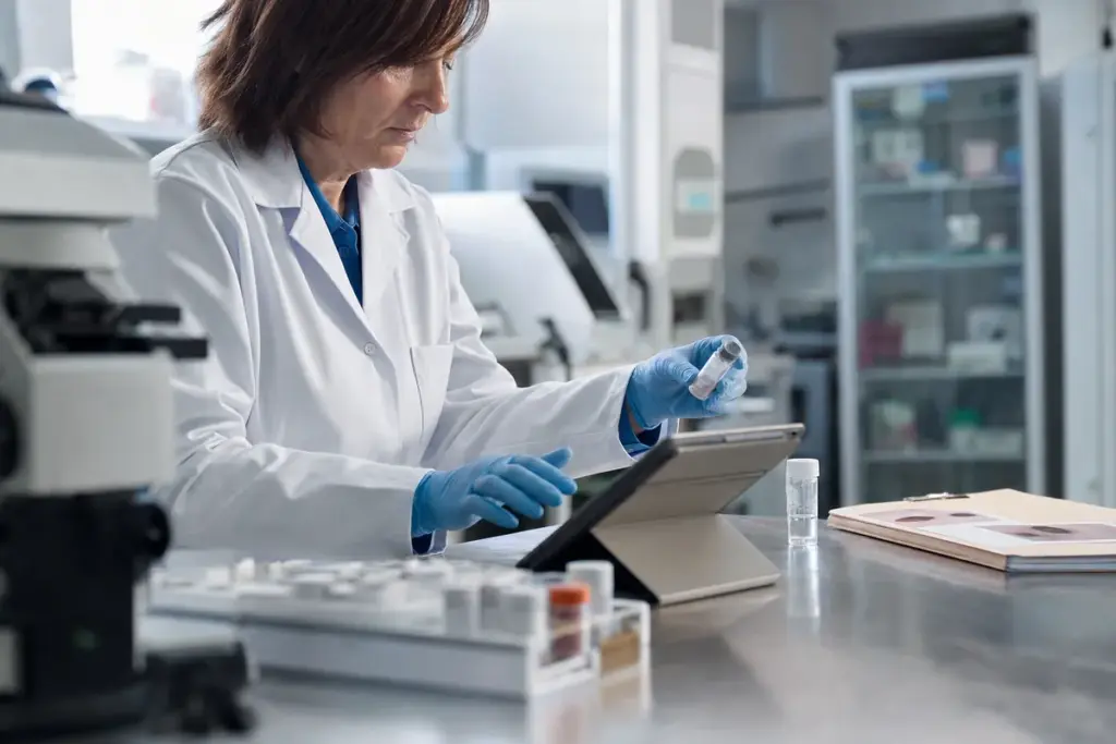 Tecnica di laboratorio in camice e guanti esamina una fiala e un tablet su un banco in un laboratorio ospedaliero