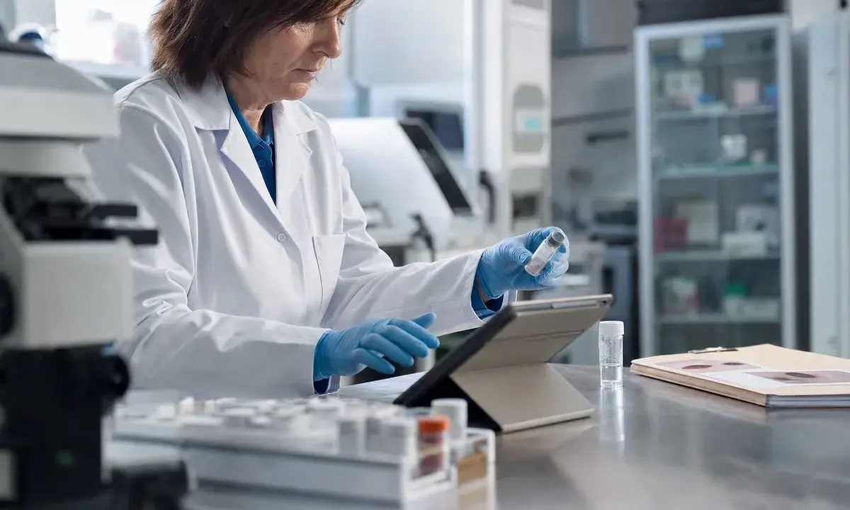 Tecnica di laboratorio in camice e guanti esamina una fiala e un tablet su un banco in un laboratorio ospedaliero