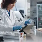 Tecnica di laboratorio in camice e guanti esamina una fiala e un tablet su un banco in un laboratorio ospedaliero